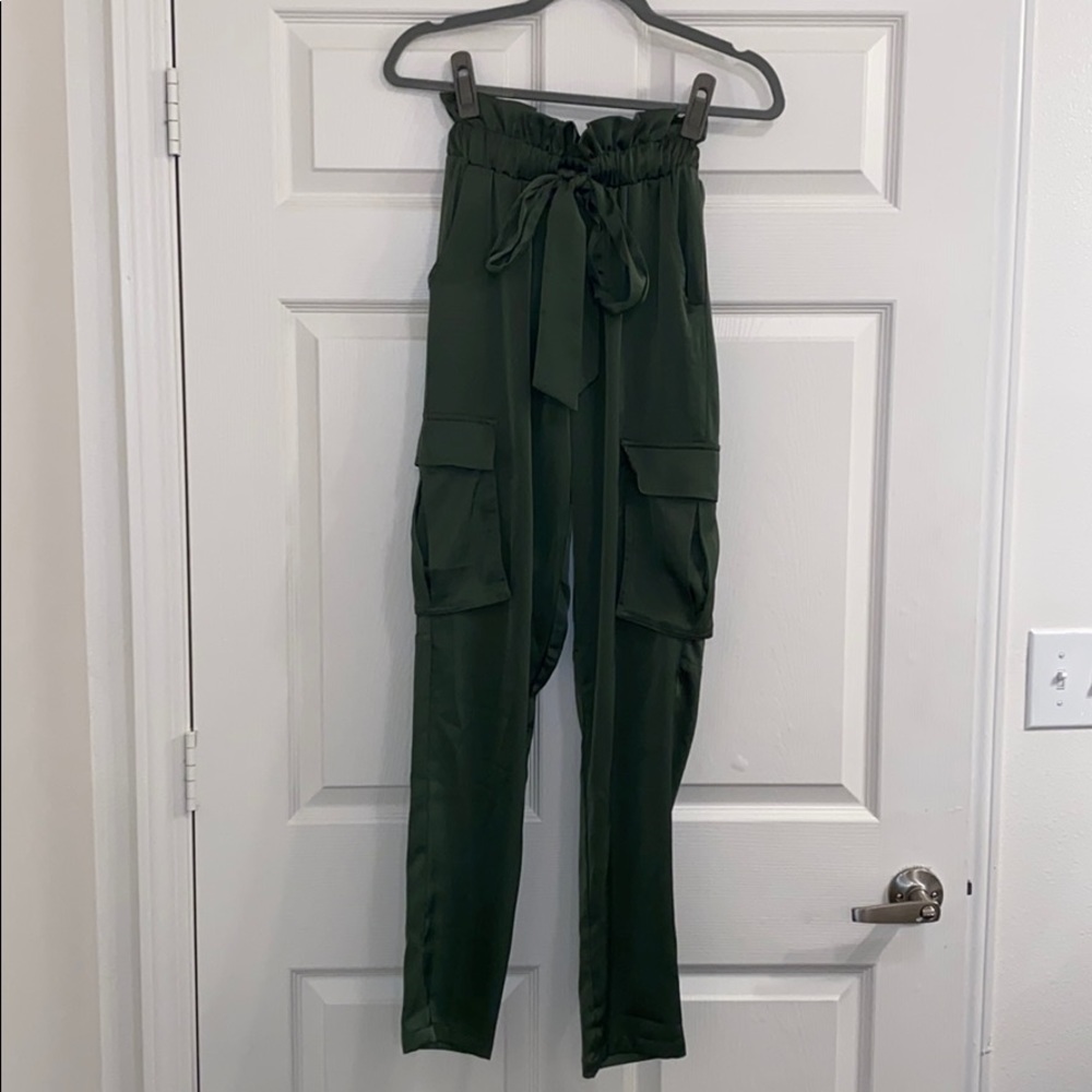 Green silk cargo pants